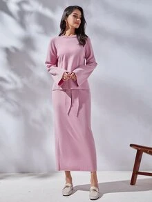 SHEIN 素色套頭毛衣和前繫帶針織短裙 - 淺粉色 - 查看 3