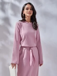 SHEIN 素色套頭毛衣和前繫帶針織短裙 - 淺粉色 - 查看 4