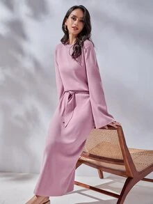 SHEIN 素色套頭毛衣和前繫帶針織短裙 - 淺粉色 - 查看 5