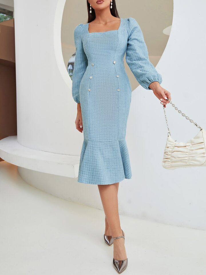 Tweed Square Neck Puff Sleeve Mermaid Dress | SHEIN USA