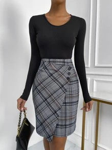 SHEIN Unity Plaid Print Wrap Button Skirt - Multicolor - View 1