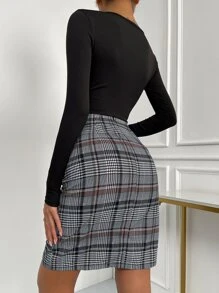 SHEIN Unity Plaid Print Wrap Button Skirt - Multicolor - View 2