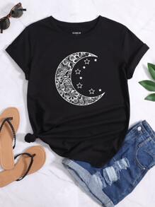 Camiseta con estampado de luna y estrella - Negro - Ver 1