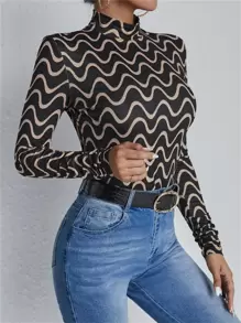 Mock Neck Wave Print Colourblock Tee - Multicolor - View 1