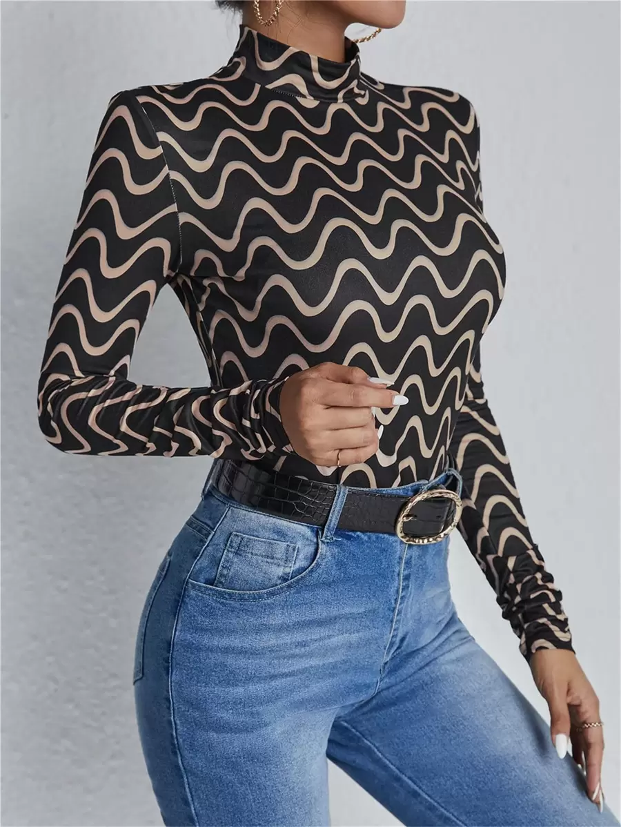 Mock Neck Wave Print Colourblock Tee - Multicolor - View 1