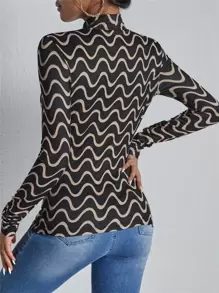 Mock Neck Wave Print Colourblock Tee - Multicolor - View 2