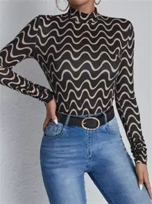 Mock Neck Wave Print Colourblock Tee - Multicolor - View 3