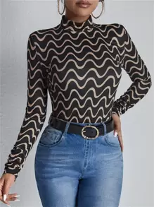 Mock Neck Wave Print Colourblock Tee - Multicolor - View 4