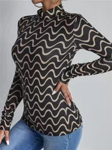 Mock Neck Wave Print Colourblock Tee - Multicolor - View 5