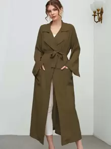 Mulvari 西裝領落肩袖補丁貼口袋下擺開叉腰帶外套 - 軍綠色 - 查看 1