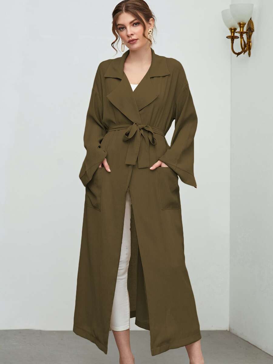 Mulvari 西裝領落肩袖補丁貼口袋下擺開叉腰帶外套 - 軍綠色 - 查看 1