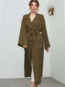 Mulvari 西裝領落肩袖補丁貼口袋下擺開叉腰帶外套 - 軍綠色 - 查看 3