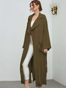 Mulvari 西裝領落肩袖補丁貼口袋下擺開叉腰帶外套 - 軍綠色 - 查看 5