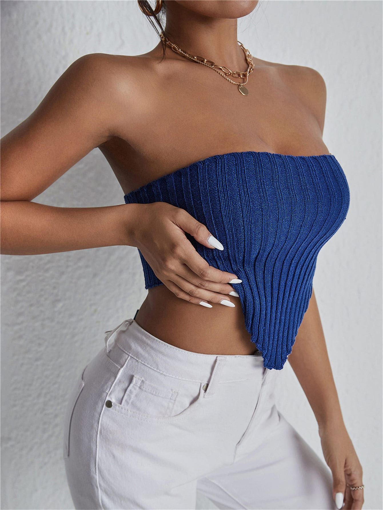 SHEIN SXY 不對稱下擺羅紋針織抹胸上衣 - 藍色 - 查看 1