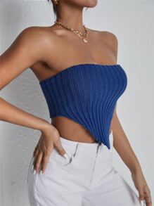 SHEIN SXY 不對稱下擺羅紋針織抹胸上衣 - 藍色 - 查看 5