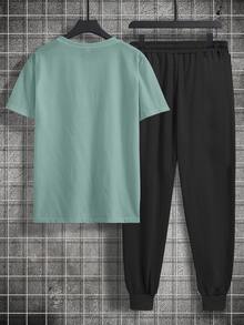 Manfinity Hombres Pantalones deportivos con camiseta floral & con estampado de letra japonesa - Multicolor - Ver 2