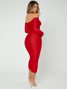 SHEIN SXY Prom Dress;Solid Off Shoulder Bodycon Dress,Tea Party Dress,Summer Dresses For Women - Red - View 2