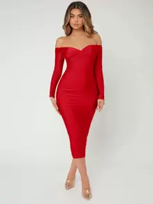SHEIN SXY Prom Dress;Solid Off Shoulder Bodycon Dress,Tea Party Dress,Summer Dresses For Women - Red - View 4