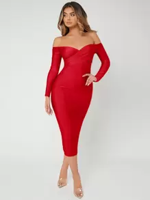 SHEIN SXY Prom Dress;Solid Off Shoulder Bodycon Dress,Tea Party Dress,Summer Dresses For Women - Red - View 5
