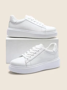 Minimalist Lace-up Front Skate Shoes, White Preppy Campus Style Solid Color Women's Casual Sneakers - White - View 1