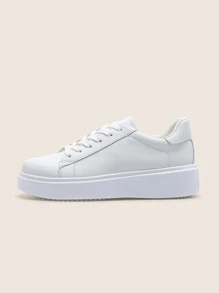 Minimalist Lace-up Front Skate Shoes, White Preppy Campus Style Solid Color Women's Casual Sneakers - White - View 2