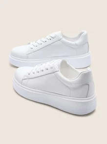 Minimalist Lace-up Front Skate Shoes, White Preppy Campus Style Solid Color Women's Casual Sneakers - White - View 4