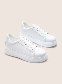 Minimalist Lace-up Front Skate Shoes, White Preppy Campus Style Solid Color Women's Casual Sneakers - White - View 5