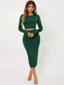 Radiana Solid Slim Fit Crop Top & High Waist Pencil Skirt - Dark Green - View 2
