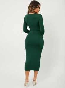 Radiana Solid Slim Fit Crop Top & High Waist Pencil Skirt - Dark Green - View 3