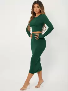 Radiana Solid Slim Fit Crop Top & High Waist Pencil Skirt - Dark Green - View 4