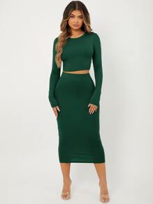 Radiana Solid Slim Fit Crop Top & High Waist Pencil Skirt - Dark Green - View 6