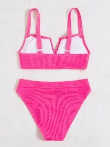 SHEIN Swim Textured Bikini Set V Wired Top & High Waist Bottom 2 Pieces Bikini Summer Beach - Hot Pink - View 5