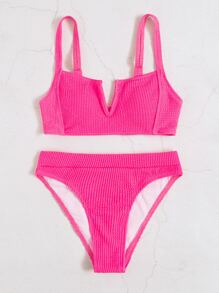 SHEIN Swim Textured Bikini Set V Wired Top & High Waist Bottom 2 Pieces Bikini Summer Beach - Hot Pink - View 4