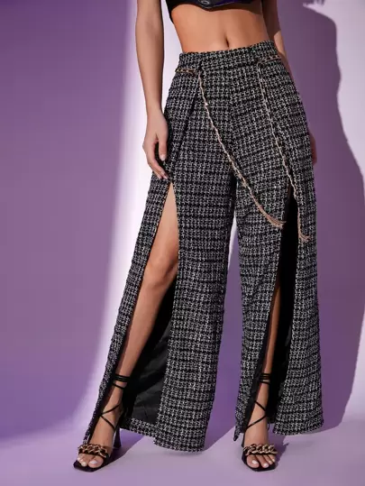 SHEIN BAE Pantalones de cuadros con estampado de muslo con abertura tweed