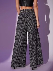 SHEIN BAE Plaid Graphic Split Thigh Tweed Pants - Black - View 2