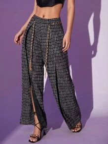 SHEIN BAE Plaid Graphic Split Thigh Tweed Pants - Black - View 3