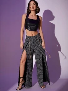 SHEIN BAE Plaid Graphic Split Thigh Tweed Pants - Black - View 5