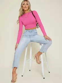 SHEIN Essnce Top corto de cuello alto ajustado - Rosa Fucsia - Ver 5
