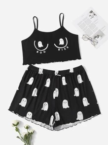 Plus Halloween Print Letter Graphic Cami PJ Set - Black and White - View 1