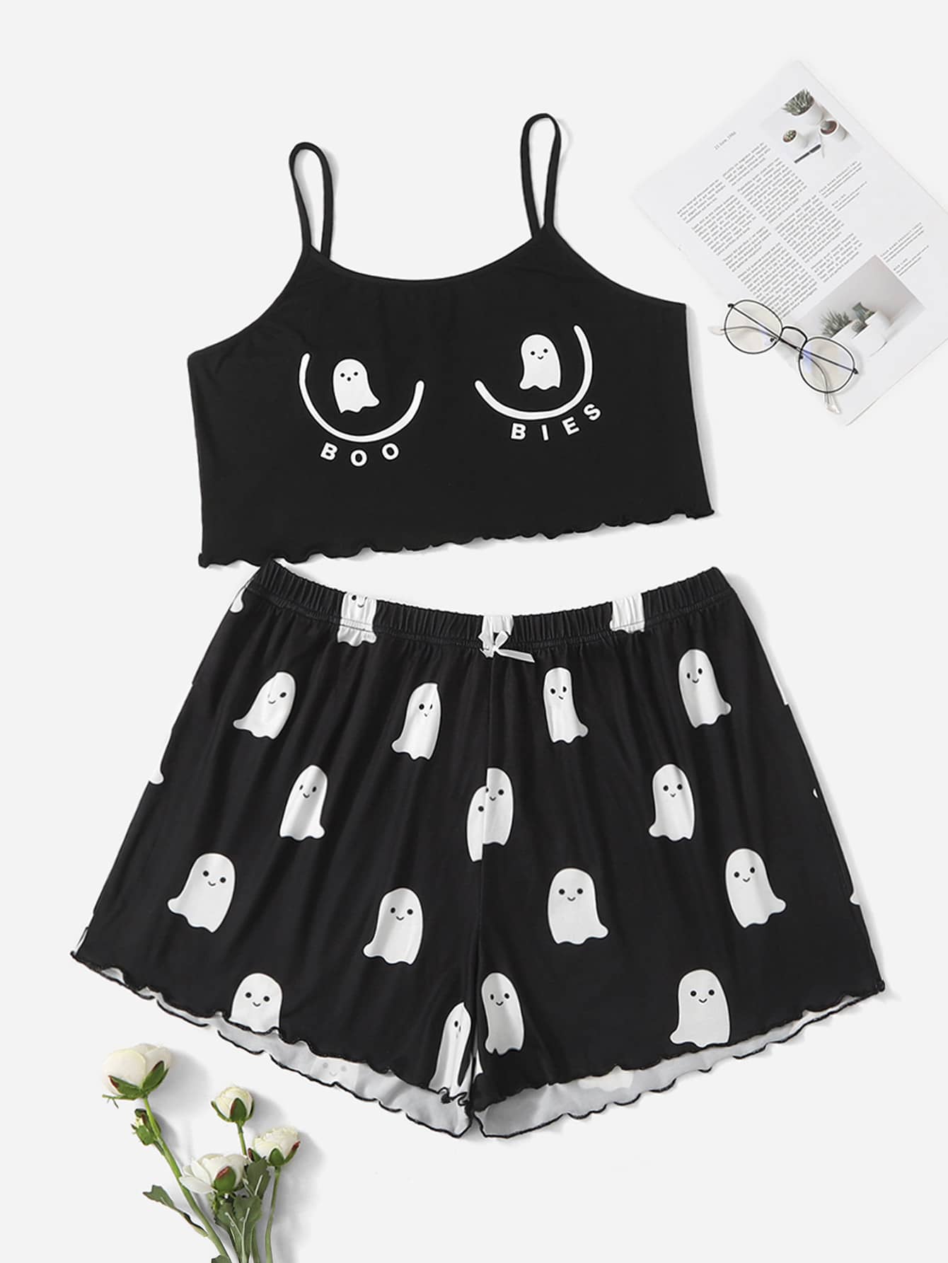Plus Halloween Print Letter Graphic Cami PJ Set - Black and White - View 1