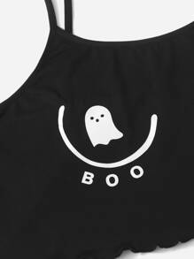 Plus Halloween Print Letter Graphic Cami PJ Set - Black and White - View 4