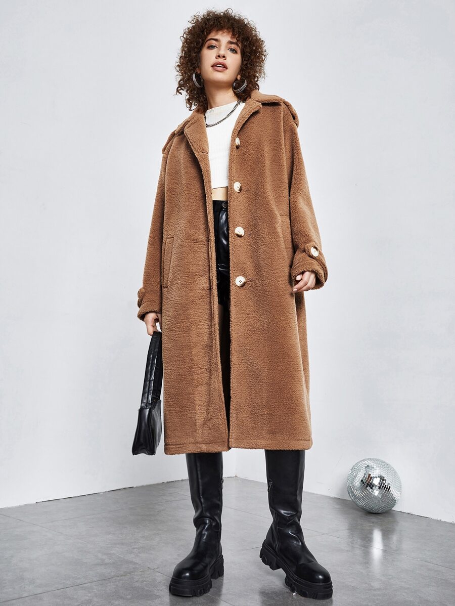 SHEIN Drop Shoulder Teddy Coat - Brown - View 1