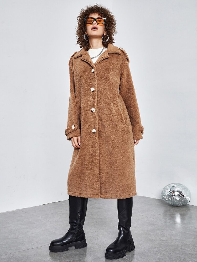 SHEIN Drop Shoulder Teddy Coat - Brown - View 3
