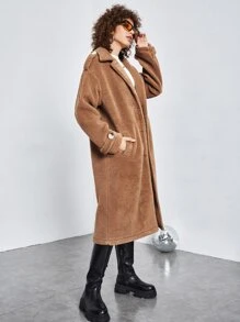 SHEIN Drop Shoulder Teddy Coat - Brown - View 4