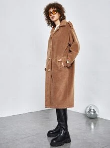 SHEIN Drop Shoulder Teddy Coat - Brown - View 5