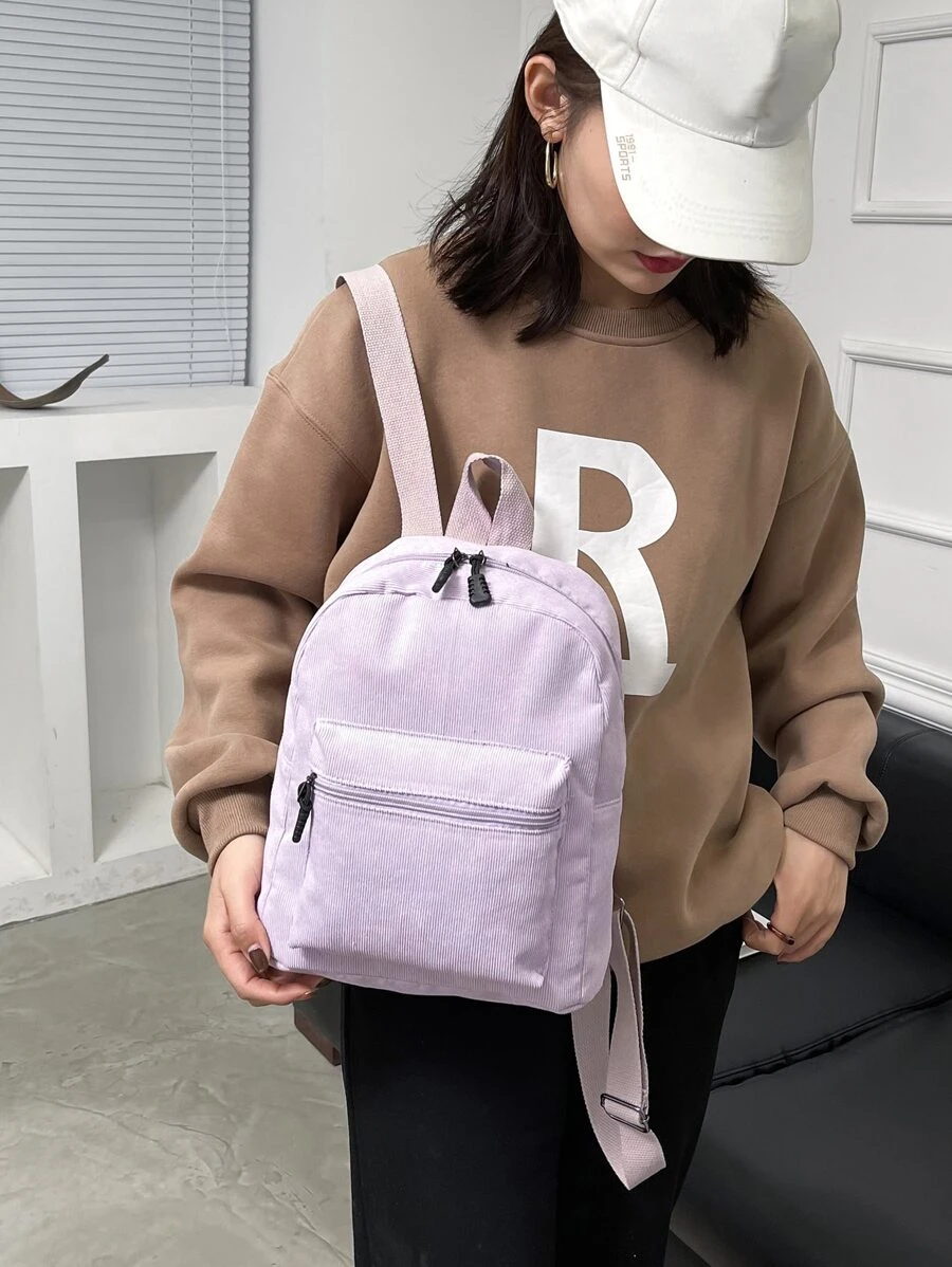 極簡風格燈芯絨前口袋經典背包 - 紫色 - 查看 1