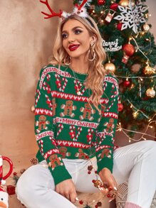 聖誕圖案落肩袖套頭毛衣 - 墨綠色 - 查看 1