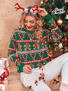 聖誕圖案落肩袖套頭毛衣 - 墨綠色 - 查看 3