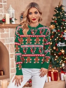 聖誕圖案落肩袖套頭毛衣 - 墨綠色 - 查看 4