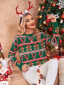 聖誕圖案落肩袖套頭毛衣 - 墨綠色 - 查看 5